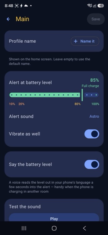 The alert screen: battery level set to 85%, alarm sound, vibration and a test button