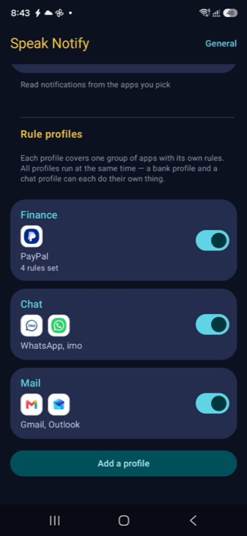 The home screen listing three rule profiles — Finance, Chat and Mail — each with its own apps and its own switch