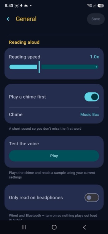 The reading-aloud screen: reading speed, chime before each message, a test button and headphones-only mode