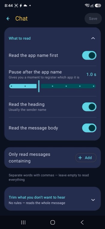 The what-to-read screen: switches for app name, sender and message body, a pause slider, and the trim rules