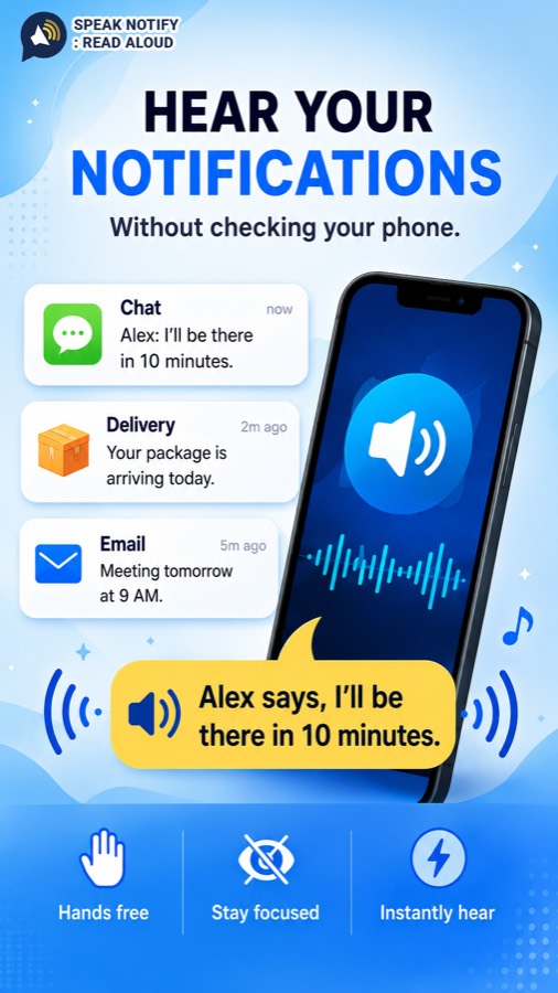 Speak Notify reading a chat, delivery and email notification aloud